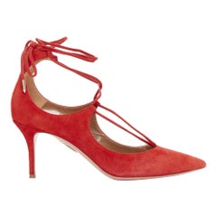 AQUAZZURA Christy 75 red suede leather lace up mid pumps EU39.5