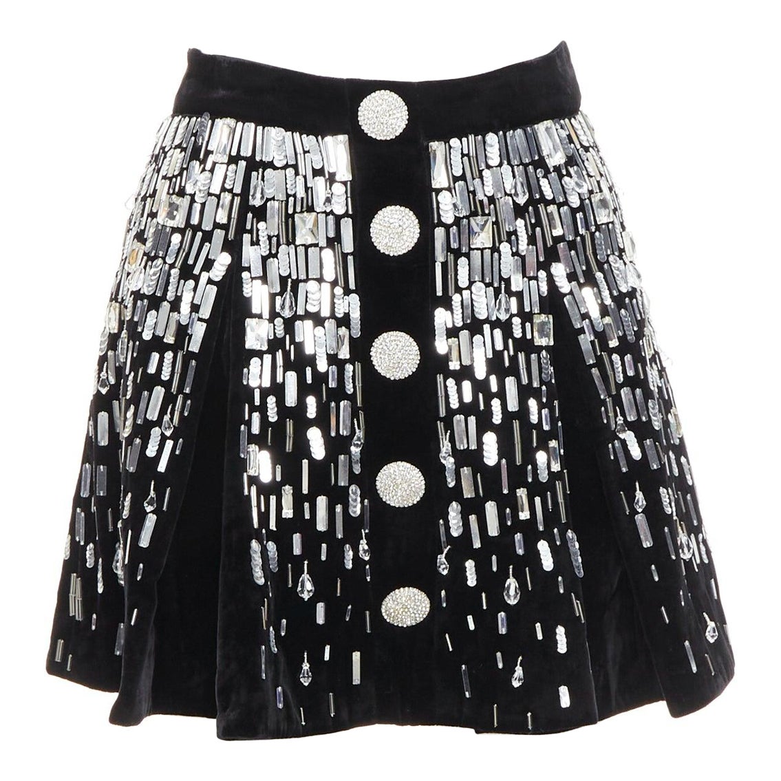 Balmain Skater impreziosito nero argento perline paillettes flare mini gonna FR34 XS in vendita