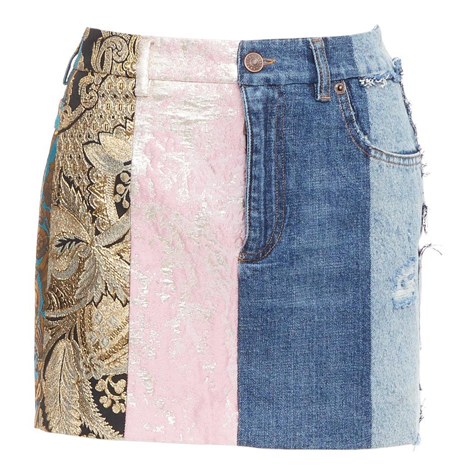DOLCE GABBANA Minifalda vaquera patchwork jacquard azul oro IT38 XS en venta