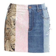 DOLCE GABBANA Denim Minirock gold blue jacquard patchwork mini skirt IT38 XS