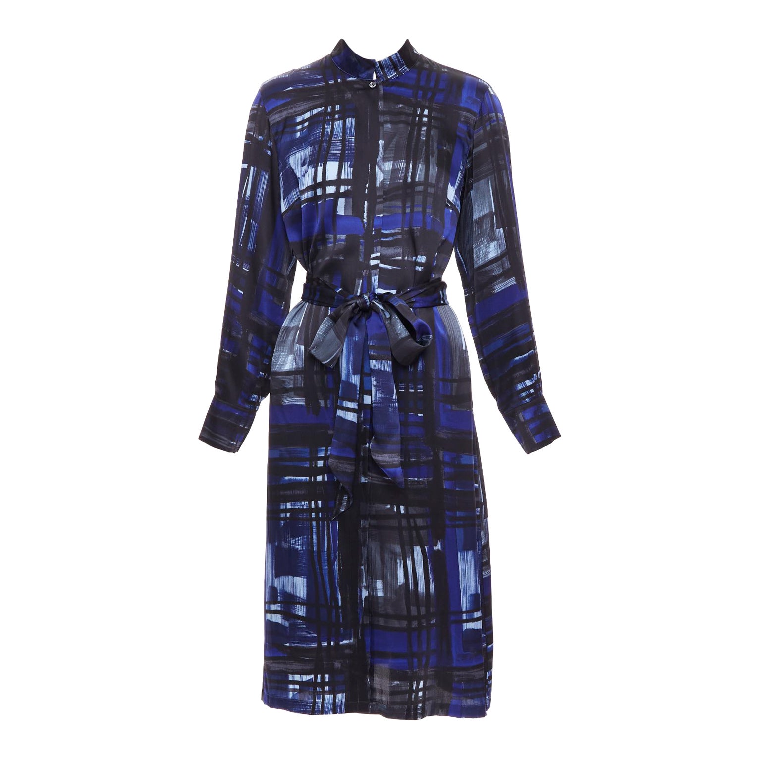 MARINA RINALDI 100% soie bleu noir imprimé brosse robe chemise ceinturée Sz.15 M