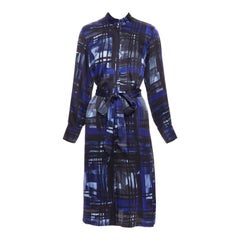 MARINA RINALDI 100% silk blue black brush print belted shirt dress Sz.15 M