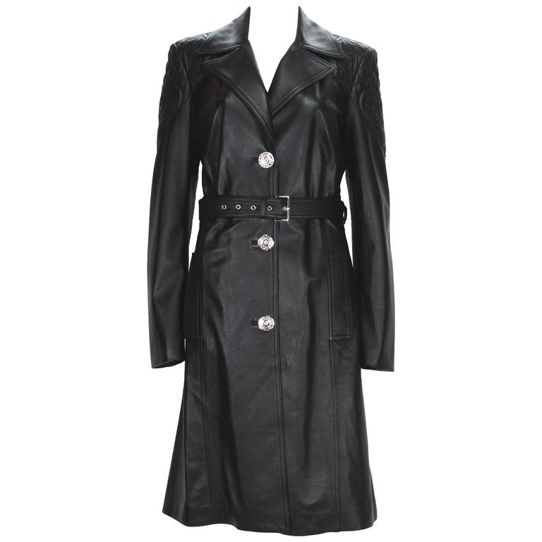 New Versace 7725 Quilted Black Soft Leather Women's Trench Coat with