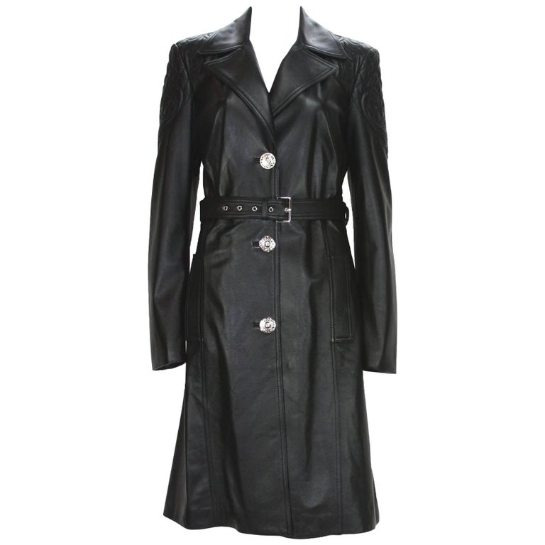 New Versace $7725 Quilted Black Soft Leather Women's Trench Coat with ...