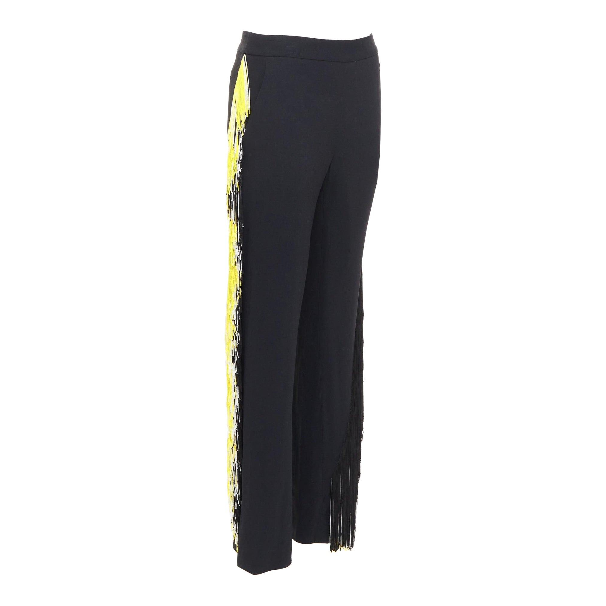 Christopher Kane pantaloni neri in georgette gialla e bianca con frange UK8 S in vendita