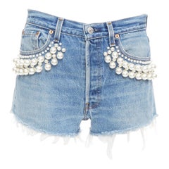 rare MIU MIU LEVI'S 2021 washed denim pearl embellished cut off shorts 25"