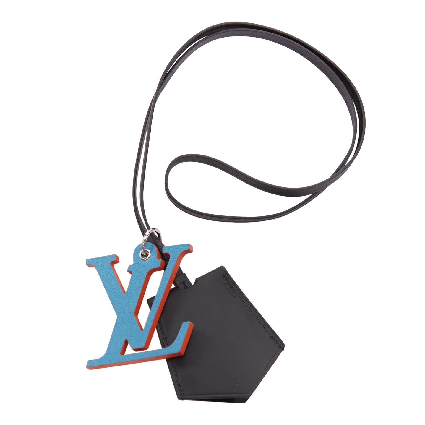 LOUIS VUITTON etichetta per bagagli in pelle nera con logo blu ottico giallo in vendita
