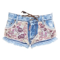 Dsquared2 mini pantaloncini rosa con patch floreale e logo in denim blu IT38 XS
