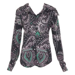 Burberry 100% seta nero viola verde grigio stampa paisley camicia M.