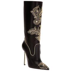 New VERSACE Gold Studded Stiletto Heel Black Boots It 41 - US 11