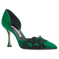MANOLO BLAHNIK Vintage grüner Satin schwarzer Spitzen-Overlay Spool Dorsay Pumps EU35