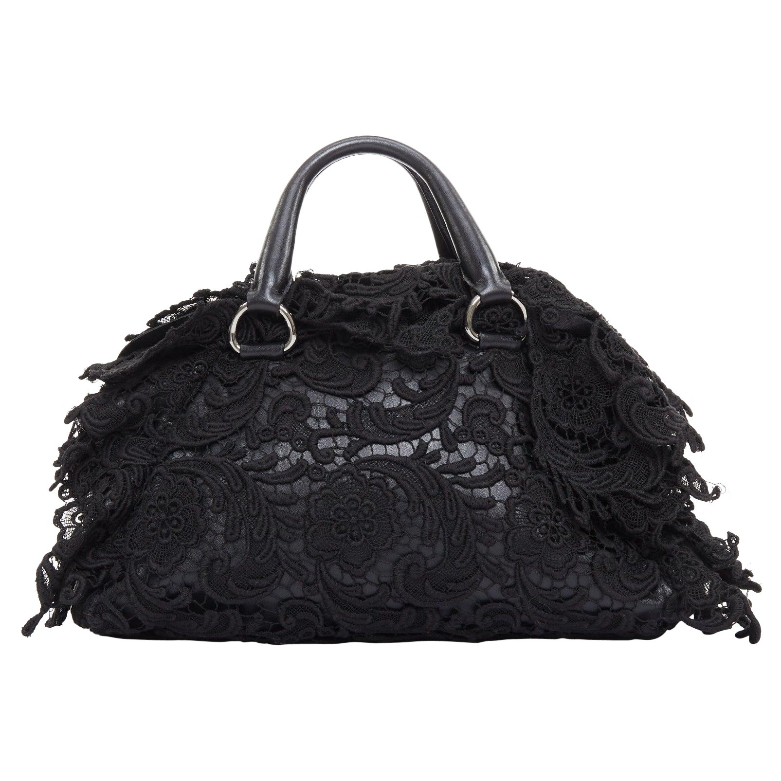 PRADA 2008 Spitze Pizzo S Bowler schwarz Spitze Overlay Leder Silber Reißverschluss Tasche im Angebot