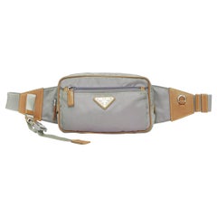 PRADA Tessuto Montagna grey nylon brown leather trim logo belt bag
