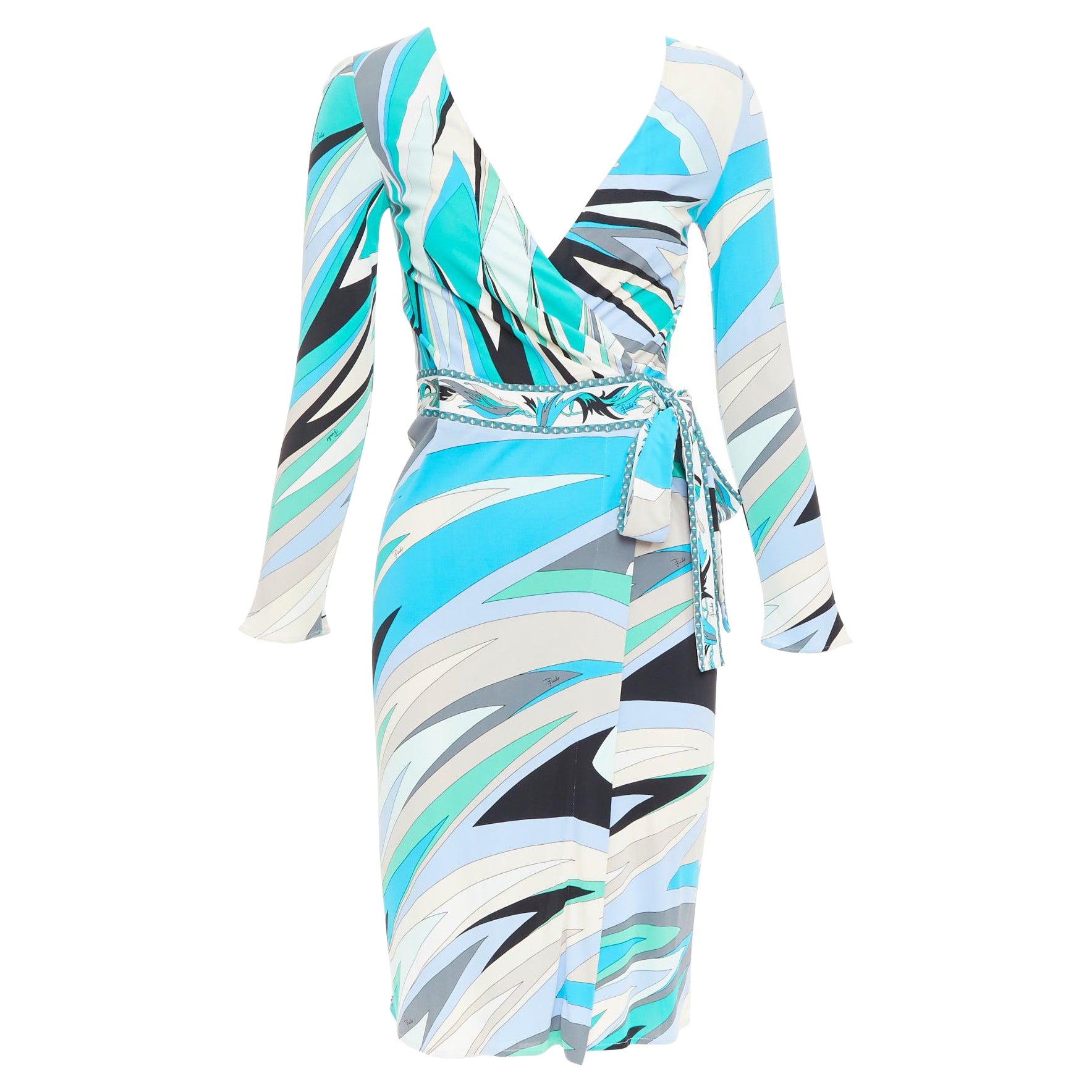 EMILIO PUCCI blau teal nude twirl print Viskose Krawatte Wrap Kleid IT38 XS im Angebot
