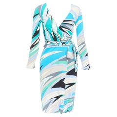 EMILIO PUCCI blue teal nude twirl print viscose tie wrap dress IT38 XS