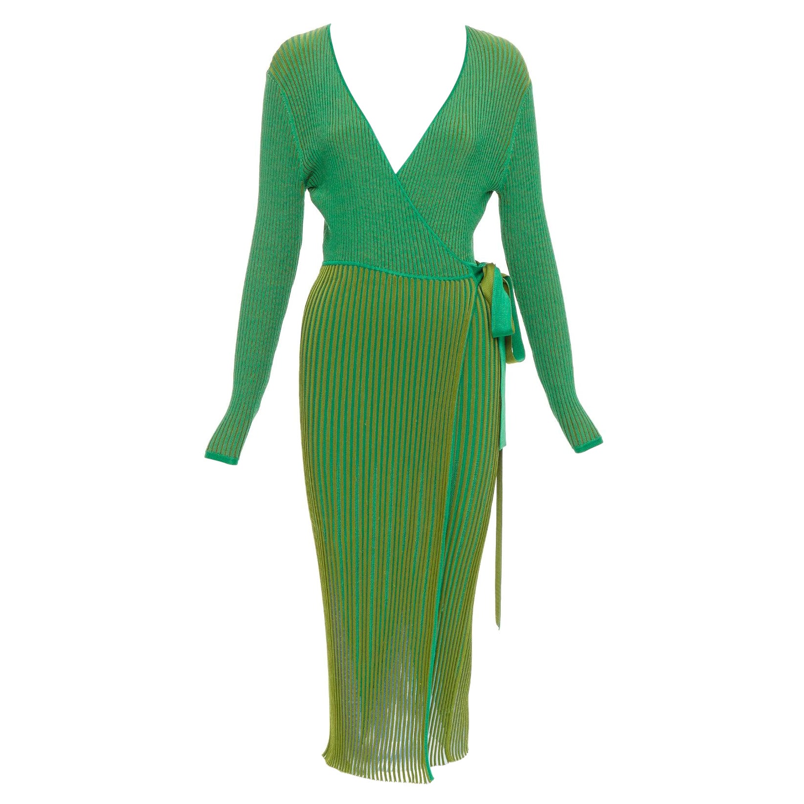 DIANE VON FURSTENBERG grünes geripptes tiefes V langes Wickelkleid S im Angebot