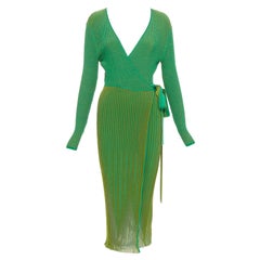 DIANE VON FURSTENBERG green ribbed deep V long wrap dress S
