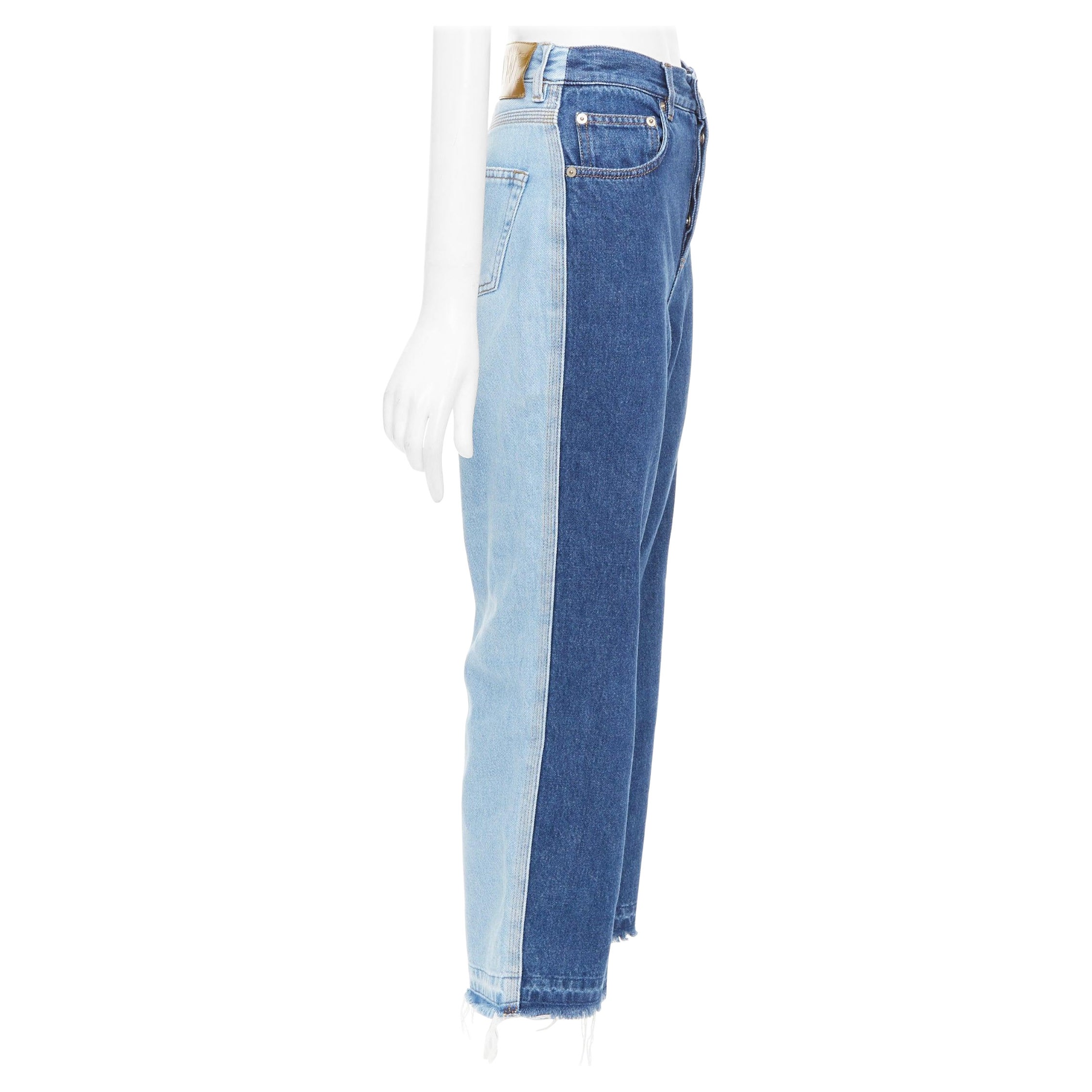 LOEWE blue washed frayed edge mismatch patchwork cropped jeans FR34 XS en venta