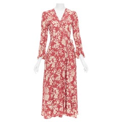 POLO RALPH LAUREN rot beige Blumendruck Schlagarm Wickelkleid US2 S