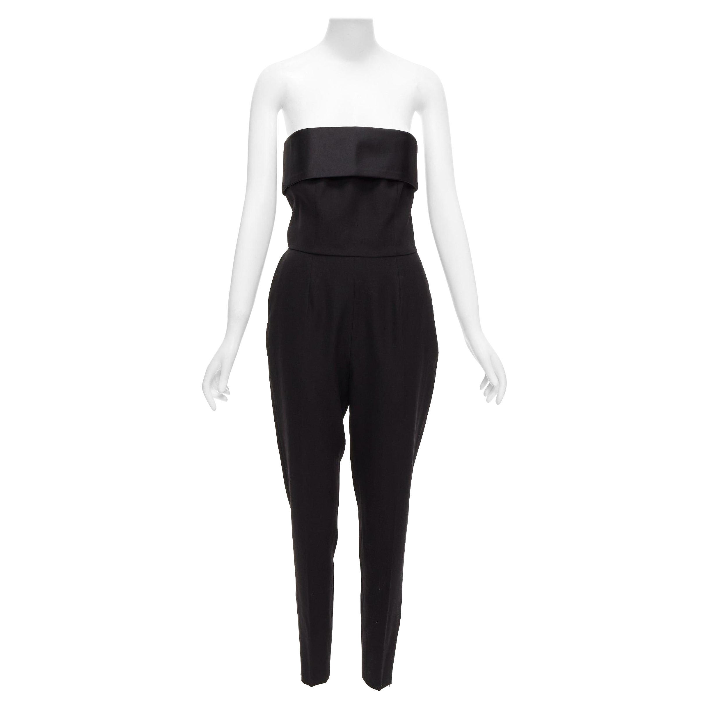SAINT LAURENT 2014 tuta in lana vergine nera in seta con pannello in raso senza spalline FR38 M in vendita