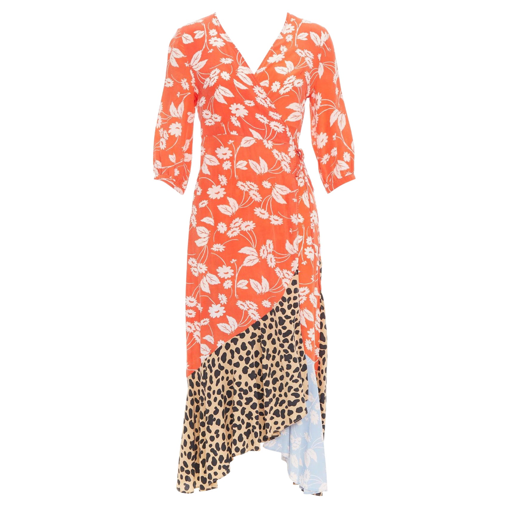 RIXO Noleen 100% soie rouge corail imprimé floral léopard robe portefeuille patchwork S