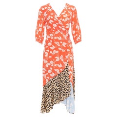 RIXO Noleen 100% soie rouge corail imprimé floral léopard robe portefeuille patchwork S