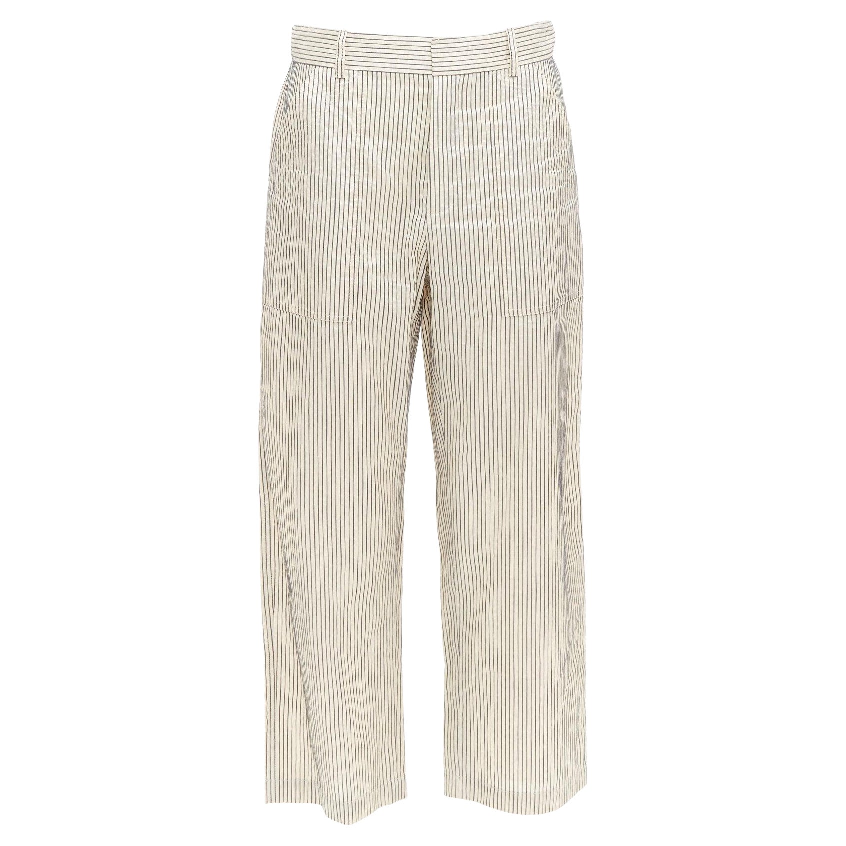 CHRISTIAN DIOR - Pantalon large cropped en soie de coton rayé beige marine FR36 S