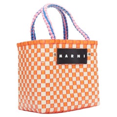 MARNI Basket orange cream straw brown leather tag rope trim top handle bag