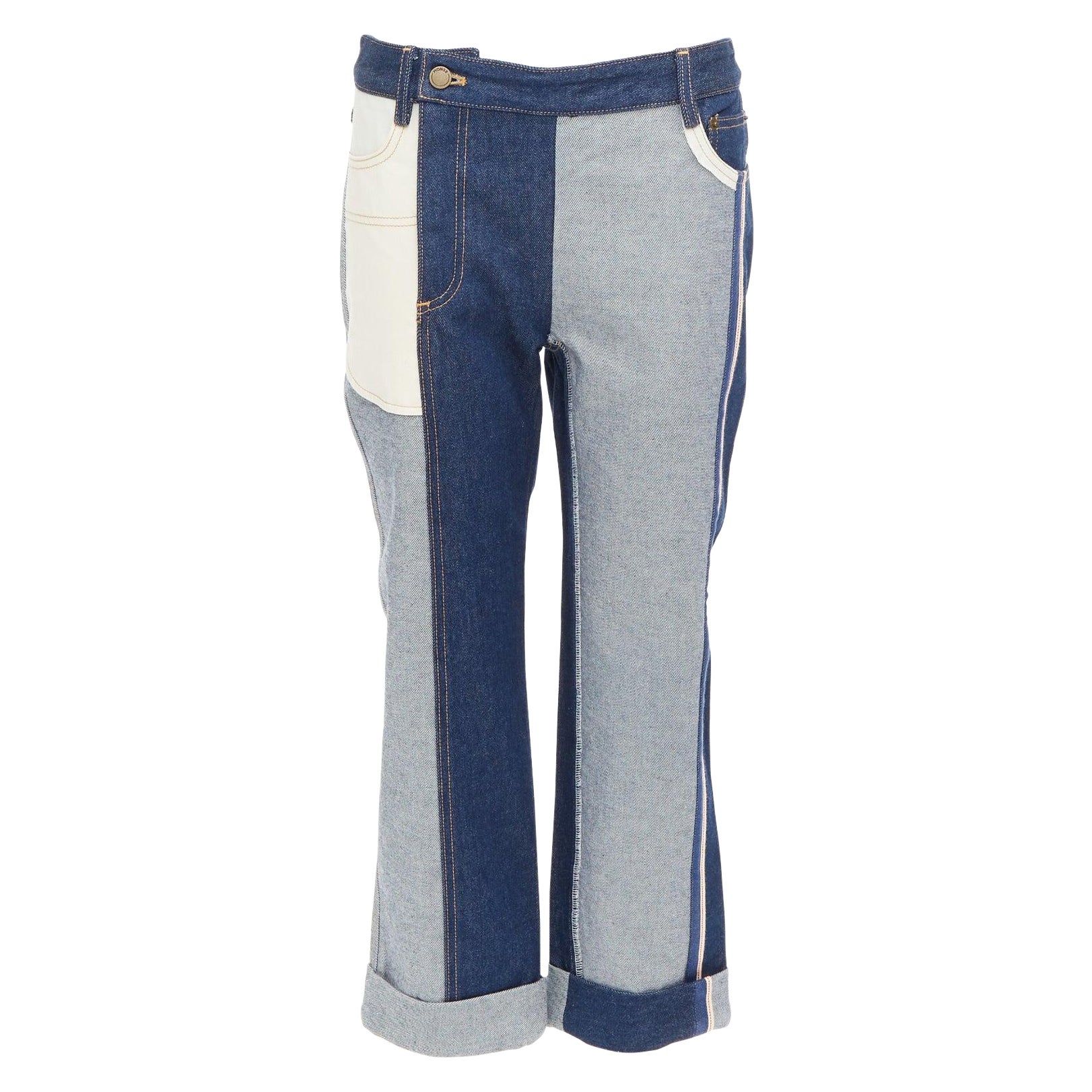MONSE azul claro oscuro invertido deconstruido patchwork flare cropped jeans US2 S