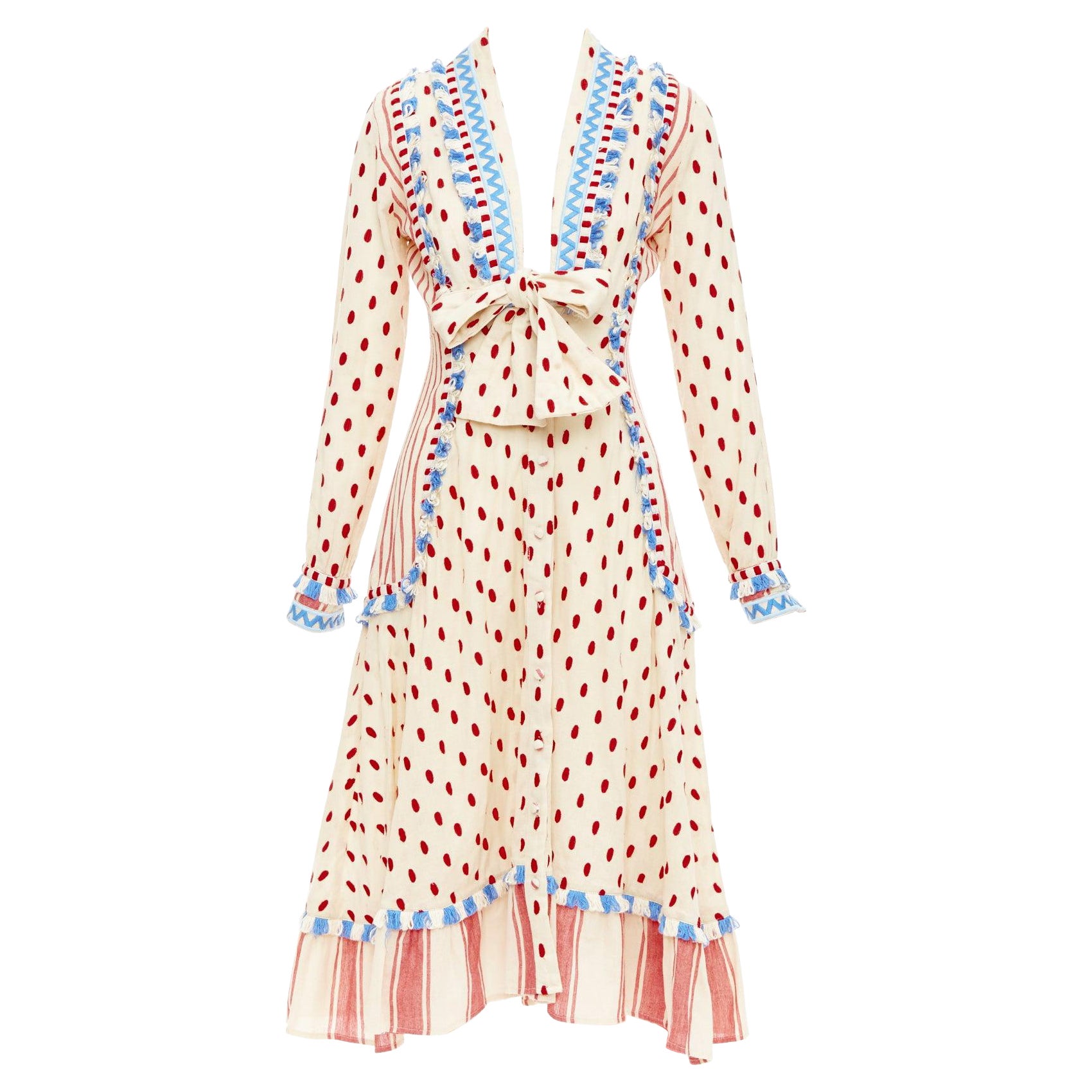 DODO BAR OR Padma robe boho en gaze de coton brodée bleu beige US0 XS en vente