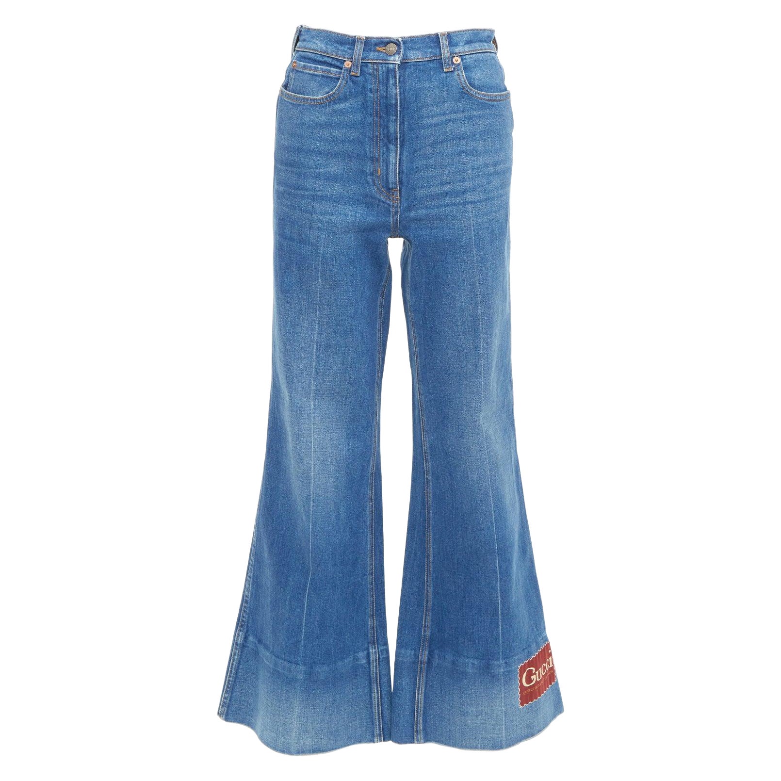 GUCCI Alessandro Michele 2021 logo rouge jean évasé en denim bleu 25" en vente