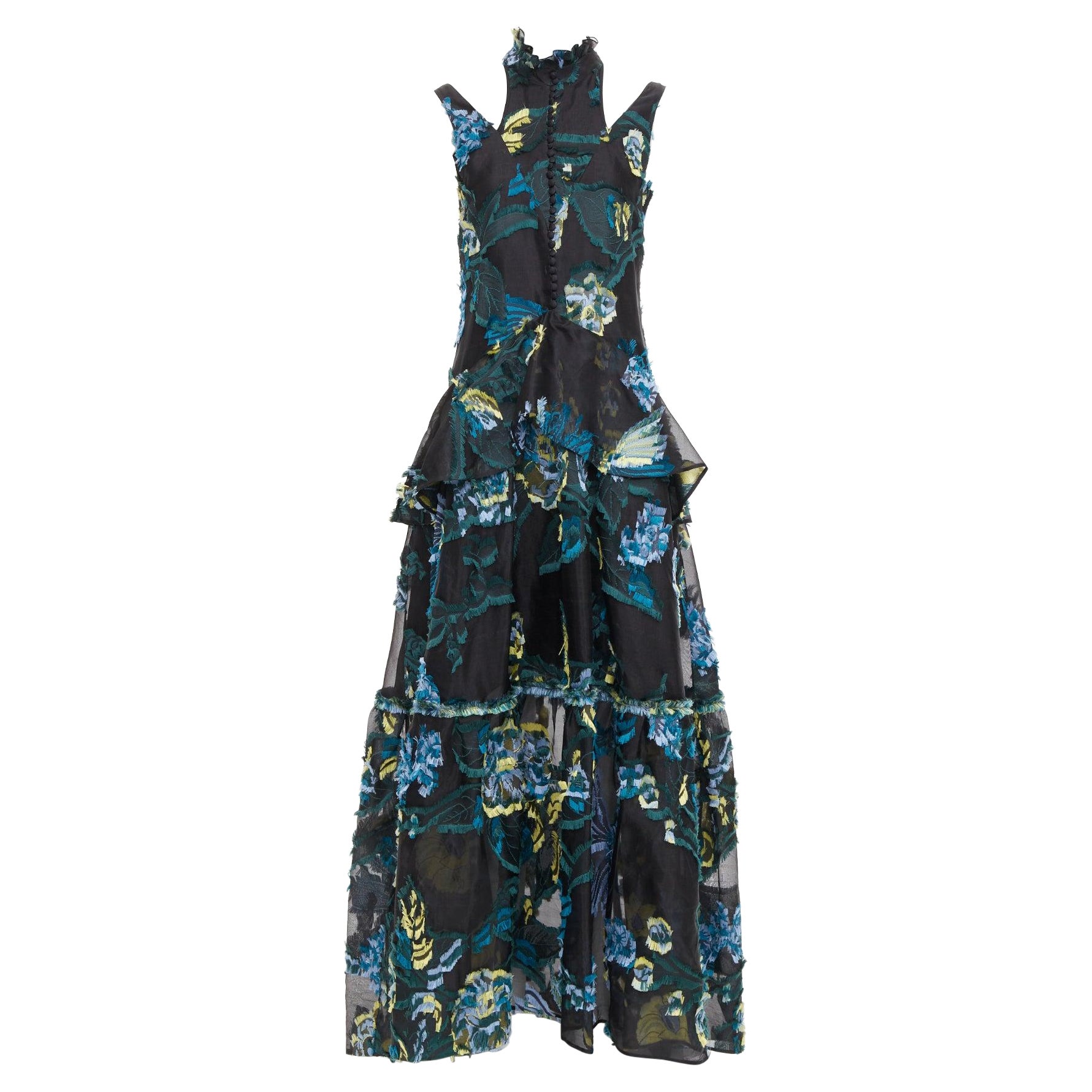 Erdem 2015 Runway noir vert bleu robe à épaules froides en jacquard diaphane. en vente