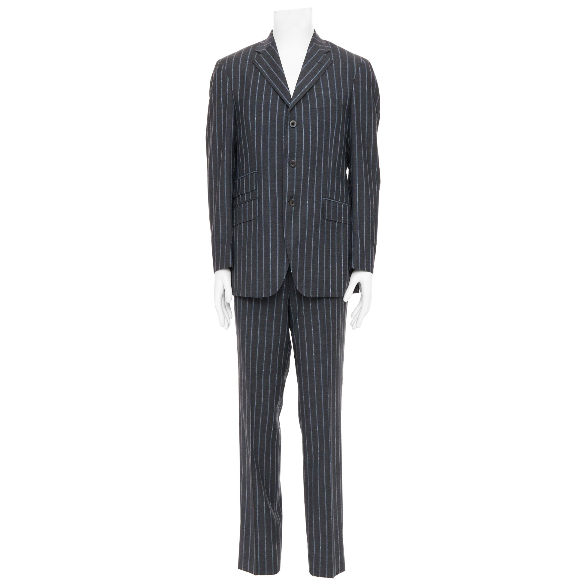 ETRO gris bleu à rayures 100% laine veste de blazer à simple boutonnage IT50 L en vente