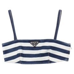 new PRADA blue white striped black triangle logo denim bustier bra IT36 XXS