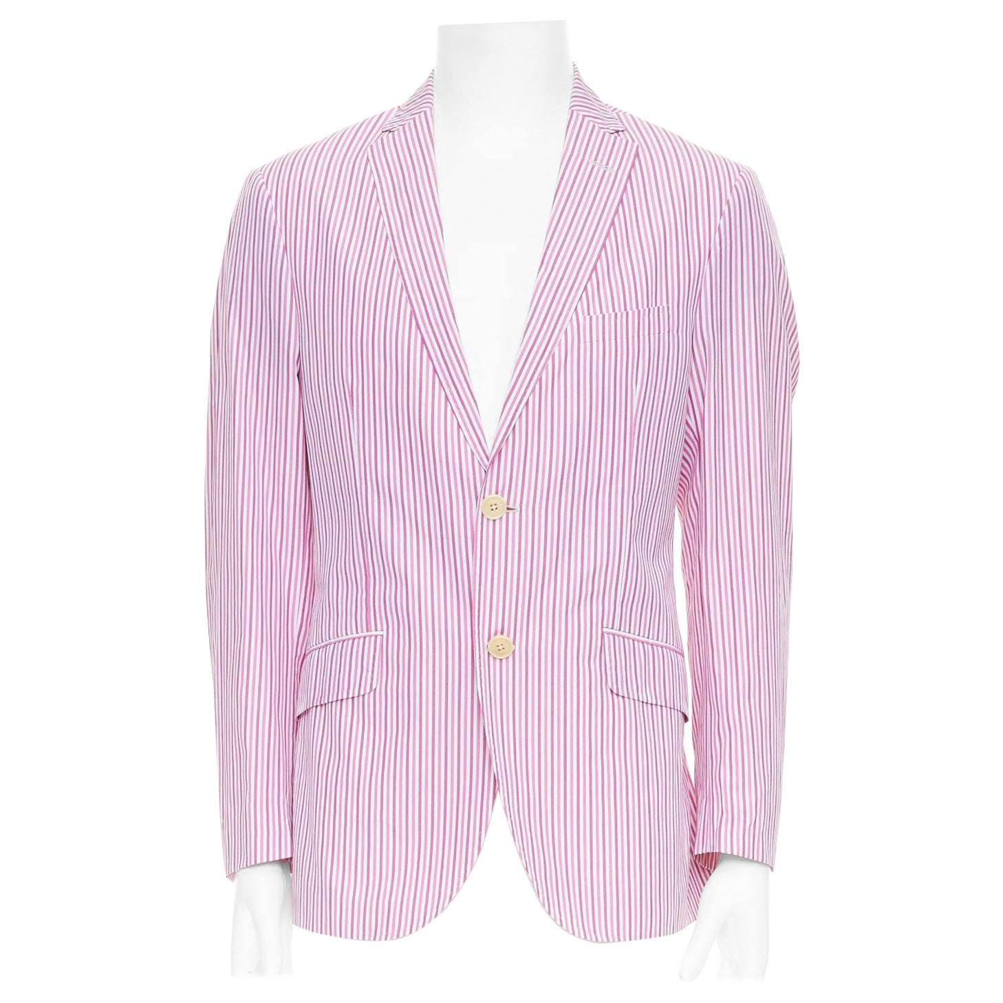 Etro rosa, bianco, cotone a righe, blazer monopetto con pinces IT52 XL in vendita