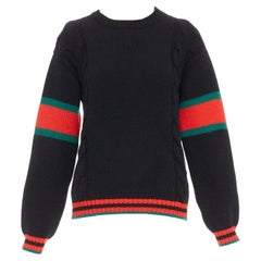 GUCCI 2021 black wool red green trim cable braid crew neck sweater XS