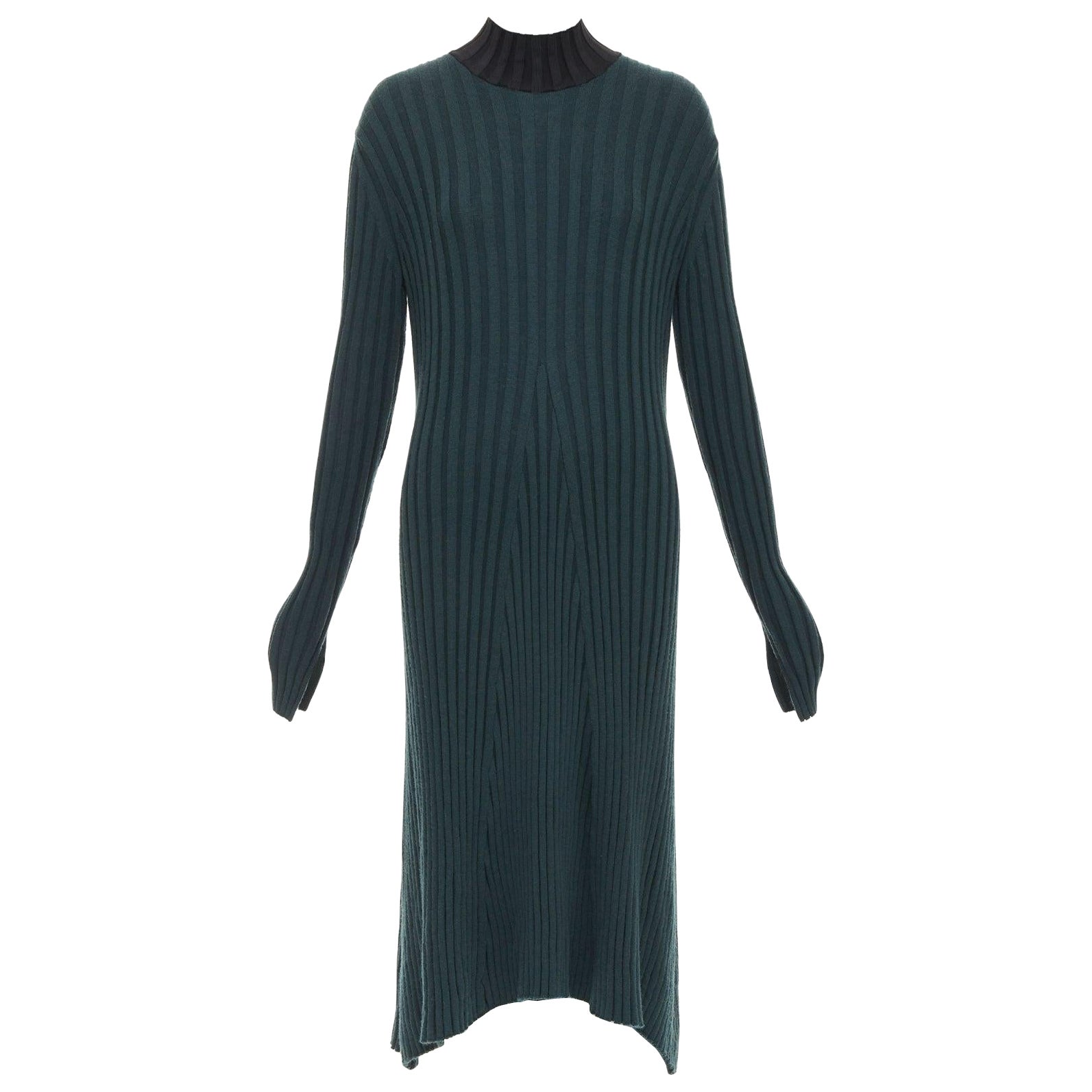 OLD CELINE Phoebe Philo 2014 dunkelgrünes Kleid aus Wolle mit geripptem Halsausschnitt S im Angebot