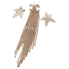 CHANEL B15 gold tone CC logo crystal pave star tassel wire clips phone charm