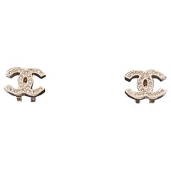 CHANEL silver tone crystal pave CC logo cable clips phone charm Set of Two