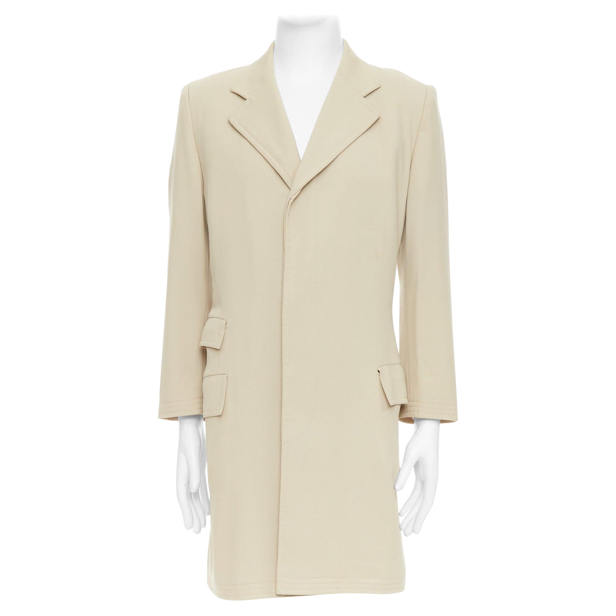 HERMES beige 100% wool twill horn buttons minimal long coat IT46 S For Sale