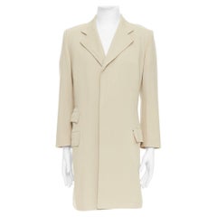 HERMES beige 100% wool twill horn buttons minimal long coat IT46 S