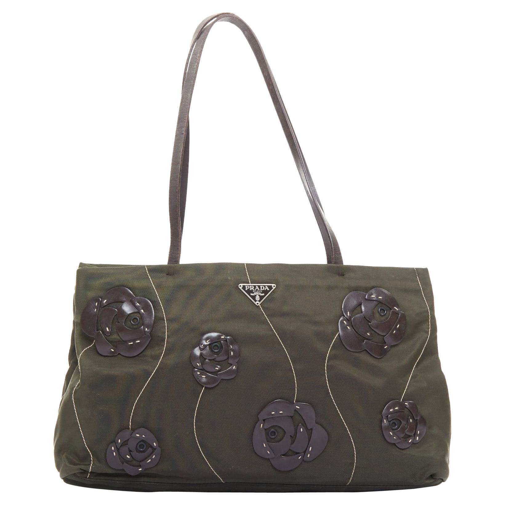 PRADA Vintage 1990 Sac à bandoulière à appliques florales en nylon vert marine marron