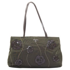 PRADA Vintage 1990s Flower navy green nylon brown floral applique shoulder bag