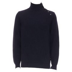 BRIONI Jersey con botones laterales y ribete de piel azul marino 100% cachemira IT48 M