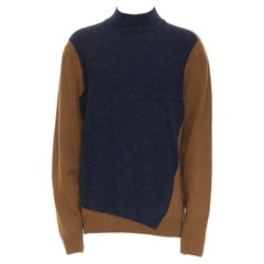 HERMES Vintage brown navy colorblocked wool cashmere blend turtleneck top XL