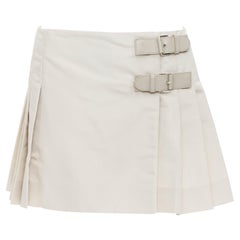 PRADA 2010 Vintage light silk blend pleated leather buckles mini skirt IT42 M