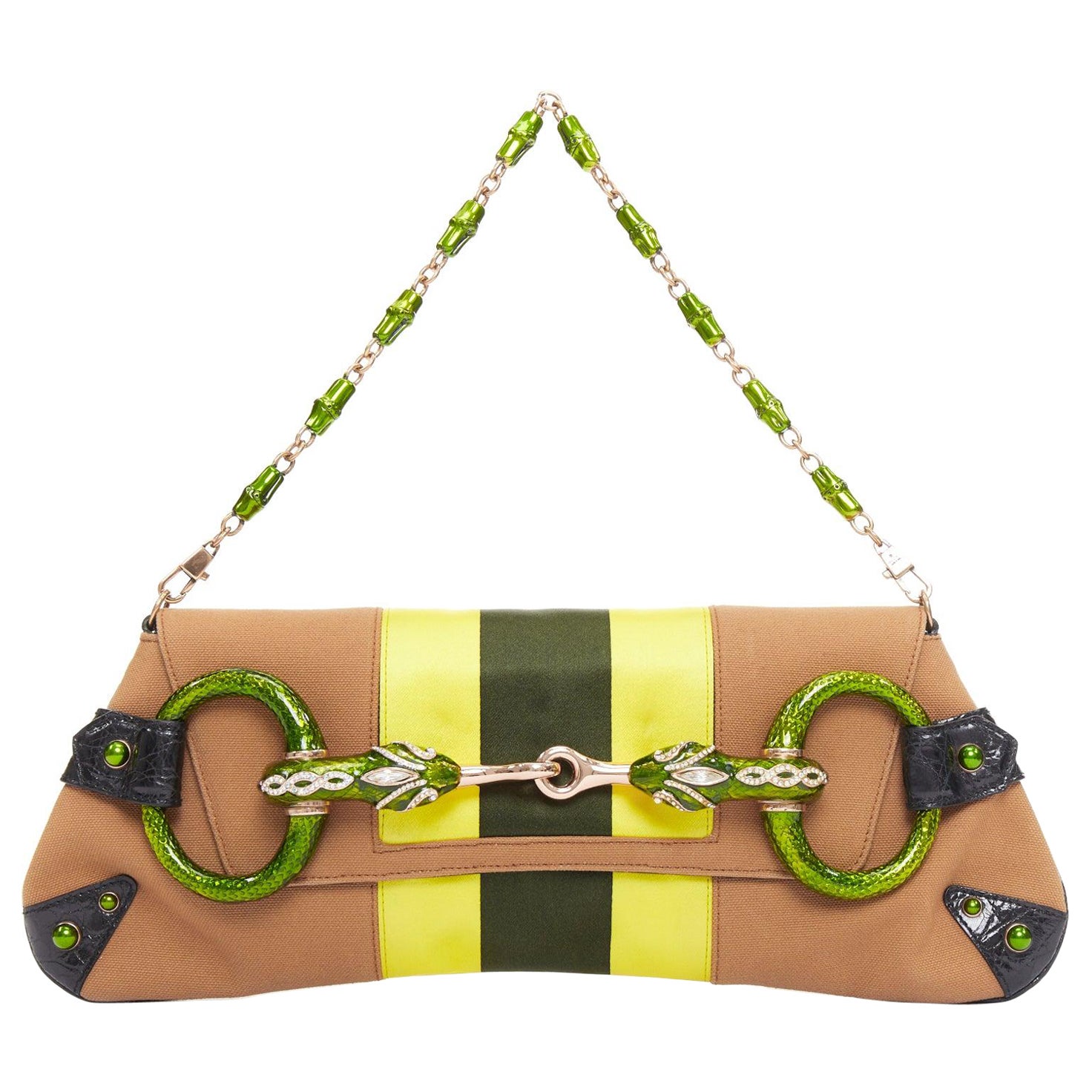 raro Tom Ford for Gucci 2004 Dragon Horsebit fibbia di cristallo borsa frizione in tela marrone in vendita