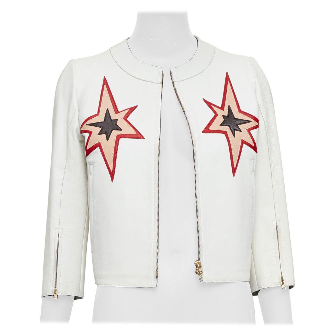 MIU MIU 2011 weißes Lammfell Leder roter Stern Patchwork crop moto Jacke IT40 S im Angebot