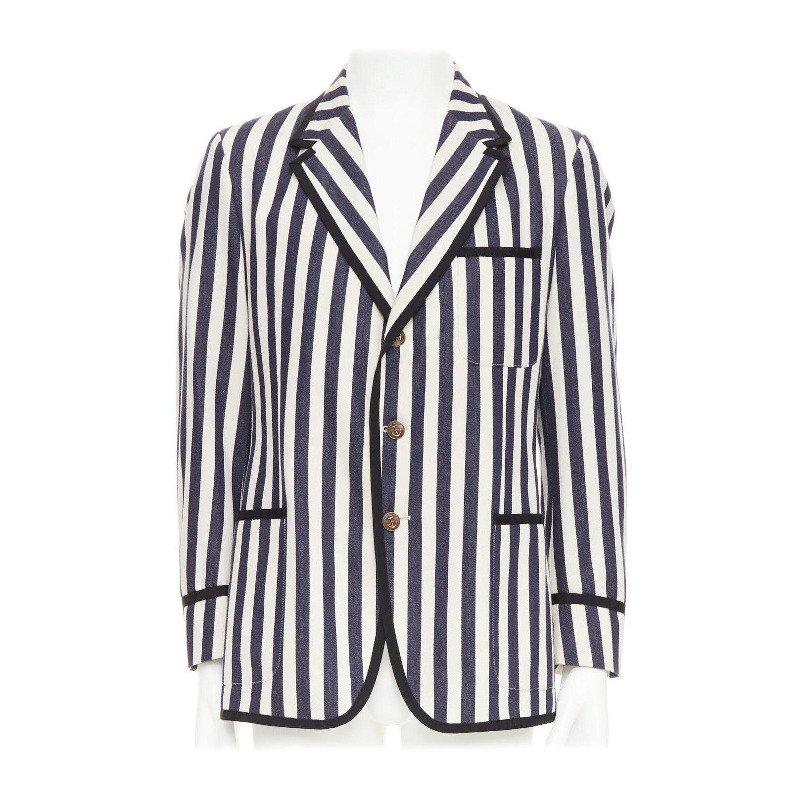 Gucci blazer nautico a righe in cotone crema navy con bottoni ad ancora IT52 XL in vendita