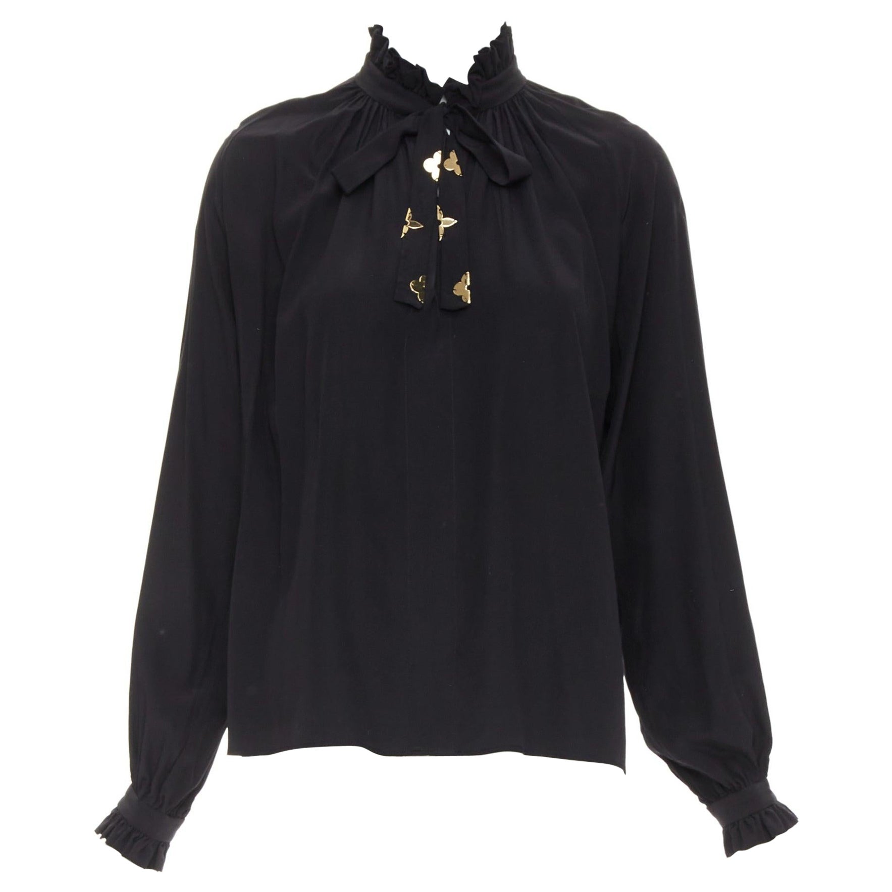 LOUIS VUITTON  100% soie noir motif fleuri doré blouse à minuit top FR36 S en vente